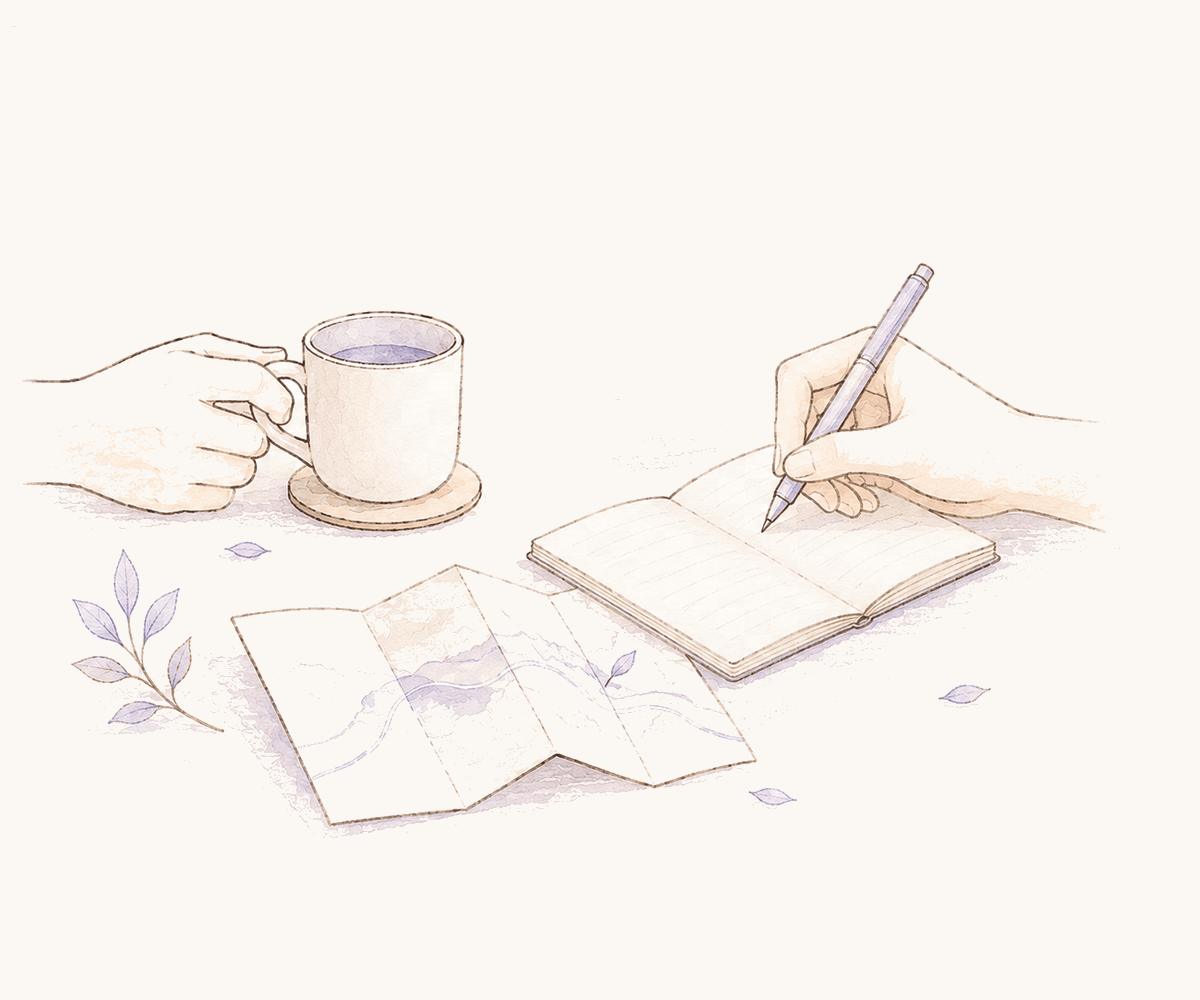 二つのマグカップと開いた地図、ノートに書き込む手元のイラスト